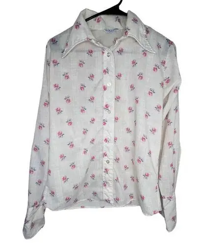 Vintage Miss Fashionality Grandmacore Floral Pattern Button Up Collared Blouse White Size L