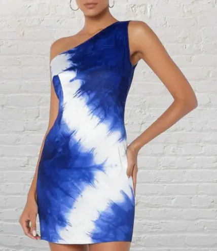 Lauren Pierce Atelier One Shoulder Mini Dress S Blue Tie Dye Silk Lined USA