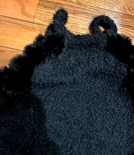 Heart black cold shoulder hairy knit sweater black faux fur balls size L Size L