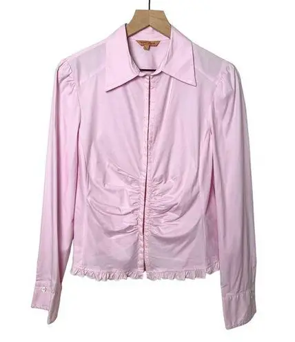 vintage y2k pink office work fitted ruched hook eye long sleeve shirt blouse top Size L