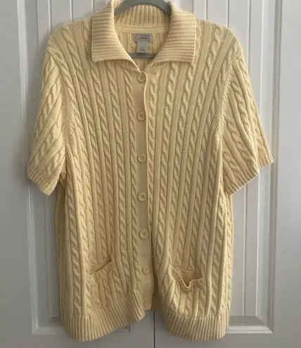 L.L Bean Womens Sweater Cardigan 2x Cable Knit Yellow Pockets Button Up Cotton