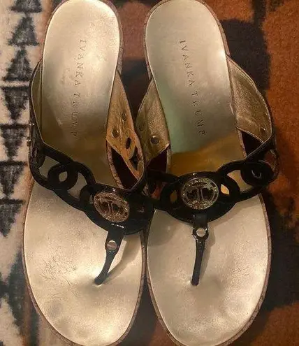 Ivanka Trump Black patent and gold  sandals