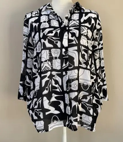 Alfred Dunner shoes purses accessories novelty print button down blouse 10 Black