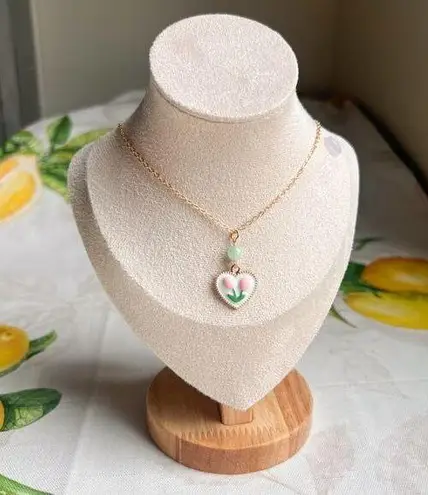 Cute Flower Necklace, Mint Pearl Pink Tulip, Heart Charm, Dainty, Coquette Fun Green