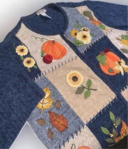Vintage Fall Autumn Thanksgiving Blue Patchwork Embroidered Knit Zip Sweater 1X