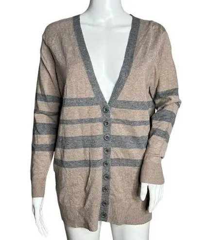 Cotton Emporium Sweater Womens Medium Brown Gray Striped Cardigan Neutral Preppy