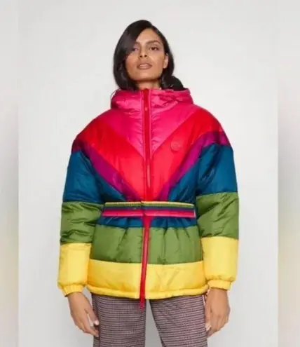 Farm Rio Cerrado Sky Reversible Puffer Jacket Black & White Rainbow Size S