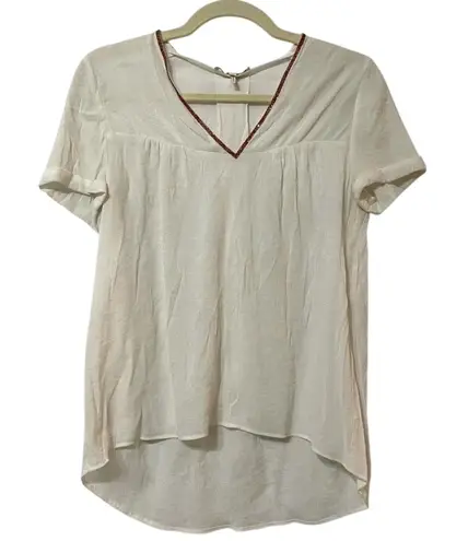 Maje Womens White Beaded V Neck Short Sleeve Hi Low Blouse Womens M Silk Boho