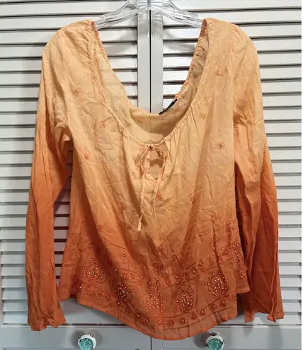 Fashion Magazine Magazine Orange Blouse Size L Sheer Long Sleeve Chiffon Tie Neck Beads