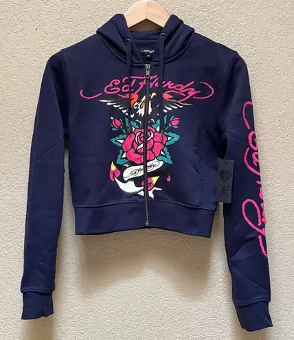 Ed Hardy Women's Purple Color Eagle Rose Cropped Zip Up Hoodie Size - Medium