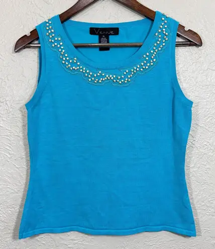 Vintage 90s Silk Blend Tank Top XL Venue Nylon Crop Beaded Luxury Beach Resort Blue