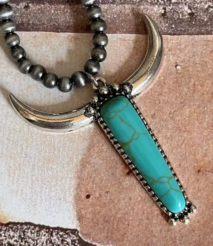 New Blue and Silver Longhorn Pendant on 18” Beaded Navajo Style Chain