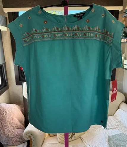 NWT Sherpa Adventure Gear Stylish Teal Embroidered Blouse small Blue