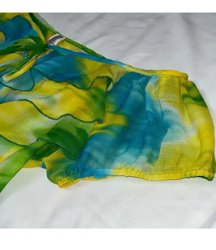 Cameo Off the Shoulder Waterfall Ruffle Drape Tie Dye Top Smocked 2X Yellow Green Blue