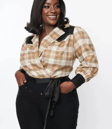 Unique Vintage NWT Brown Sparkle Plaid Western Wrap Crop Top SMALL