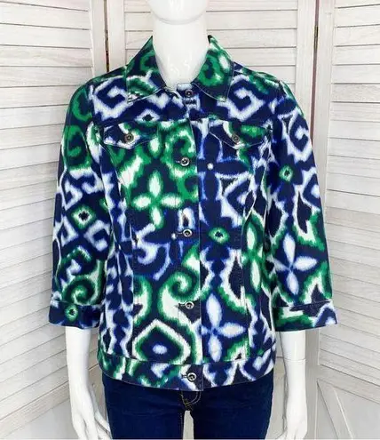 Chico's Chico’s Floral Ikat Stretch Cotton Jacket Blue Green Small 3/4 Sleeve