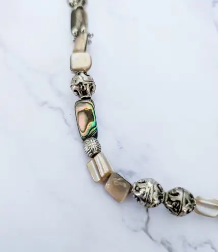 Abalone, Shell & Silver Tone Necklace 16.5"