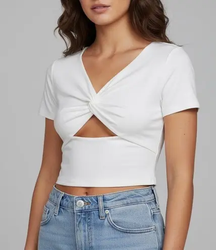 FORE Off White Twist Front Cutout Short Sleeve Crop Top Tee