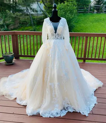 Custom Made Wedding Dress princess long train lace Embroidered Long Sleeve Light Weight