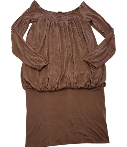 Stefanel Dress Womens Small Brown Long Sleeve Blouson Bubble Hem Viscose Ruched
