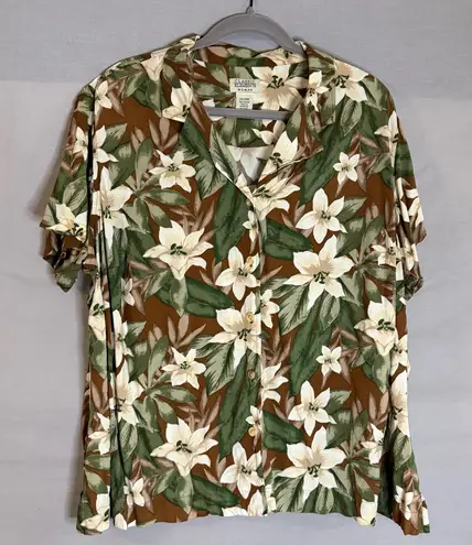 Classic Elements Button Up Shirt Women's Plus Size 24W / 26W Floral Brown Green
