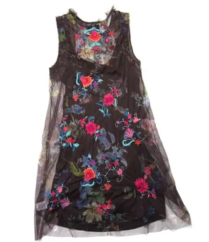 Johnny Was NWT BIYA Sheer Printed Mesh Shift Embroidered Dress w/ Slip M