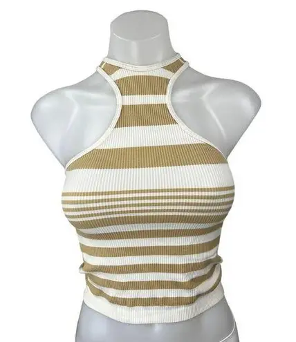 Stradivarius Gold White Striped Sleeveless Racerback Rib Knit Tank Crop Top XS