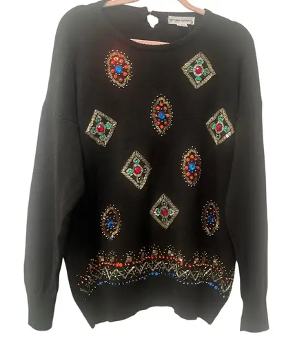Vintage Victoria Harbour black bejeweled beaded bling tunic sweater size medium