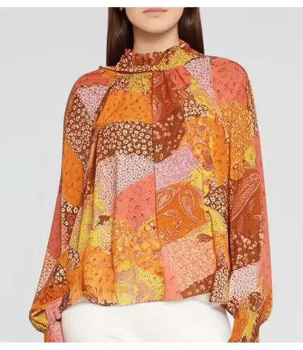 Aura Blouse Womens Size L Patchwork Tie Neck Long Sleeve Bohemian Relaxed Fit