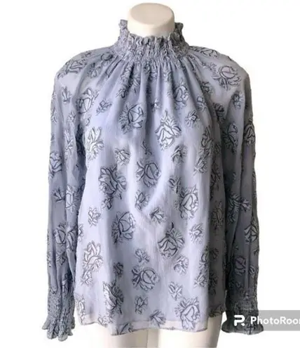 Rebecca Taylor ✨ Smocked Neck Silk Rose Print Sz. 10 Blouse Light Blue Metallic✨