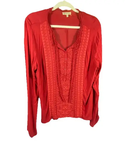 Democracy Embroidered Women Peasant Top XL Roll Tab Sleeves Red Cottage Stretch