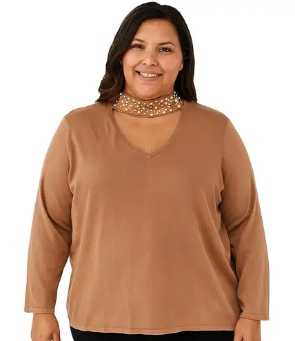 Belle Kim Gravel Faux Pearl Beaded Choker CutOut Sweater Size 3X NWOT Tan