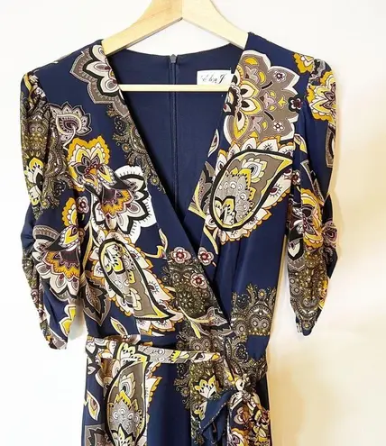 Eliza J  Dress Midi Paisley Faux Wrap Navy Gold Size 8