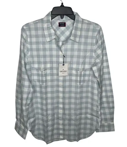 UNTUCKIT NWT Woman's 0 Santa Marzi Blue White Check Buttondown Cotton/Spandex