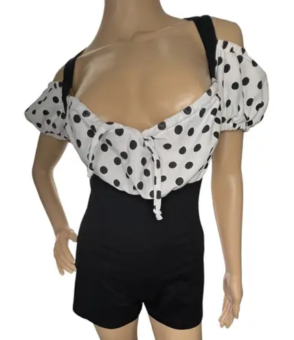 Frederick's of Hollywood Fredrick's Vintage Black And White Pin Up Style Polkadot Off Shoulder Romper