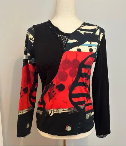 Aventures des Toiles Euro Whimsygoth Mixed Media Long Sleeve Top Size 38 Red