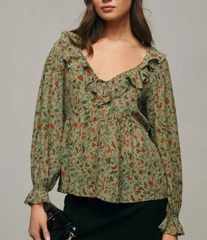 Reformation  Wyn Floral Top Green 0 Ruffle Puff Sleeve Cottagecore Blouse - Image 3