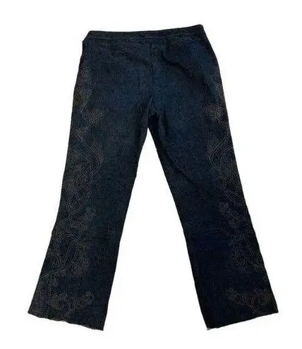 St. John Couture Jeans Sz 12 Wide Leg Raw Hem Embroidered Preppy Cropped Casual