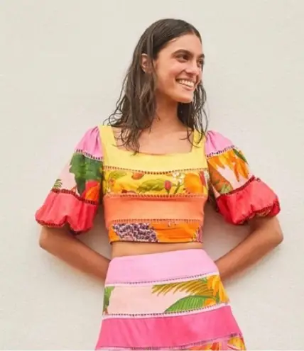 Farm Rio Tiered Top Rainbow Mixed Print Cropped Linen Multicolor Puff Sleeve Sm