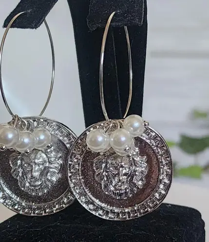 Silver Lion Head with Greek Key Design Drop Earrings