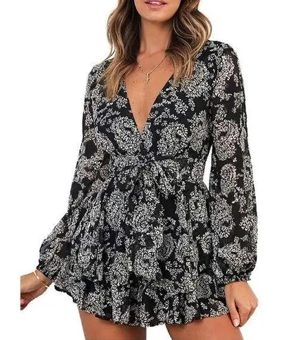 Relipop NEW Jumpsuit Floral Print V Neck Double Layer Ruffle Romper L