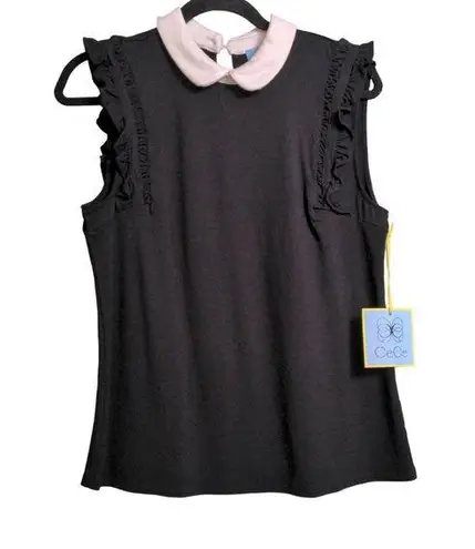 CeCe Womens Tank Top Black Sleeveless Peter Pan Collar Stretch Ruffles M New