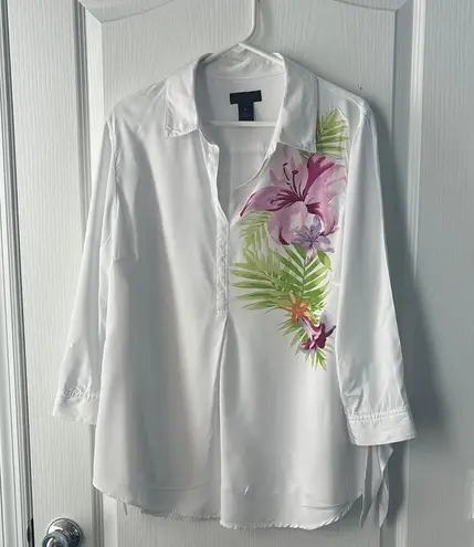 Investments White and Pink 3/4 Sleeve Notched Collar Shirt