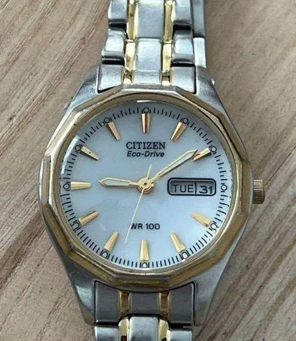 Citizen Eco-Drive Solar Ladies Watch Two Tone Bracelet White Dial Date Window