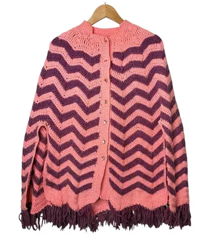 Vintage Pink Purple Chevron Crochet Fringe Cape Poncho Cardigan One Size Size undefined