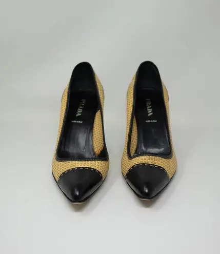 PRADA  Woven Raffia Genuine Leather Cap Toe High Heels Pumps Shoes Neutral Black