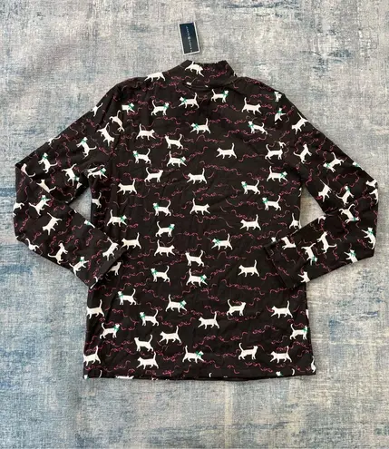 Karen Scott Black White Pink Kitty Cat Ribbon Print Mock Neck Top Medium
