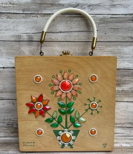 VTG Enid Collins of Texas Wooden Box Purse Bejeweled Flower Power Orange Artsy Brown