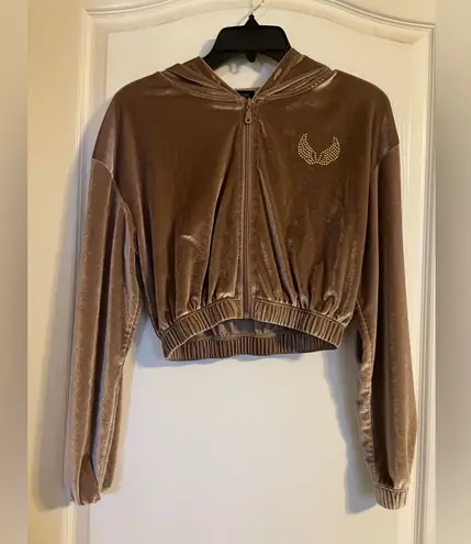 Social Scene Velour Beige Zip Up Crop Hoodie Y2K Size M Preppy Rhinestones Tan Size M