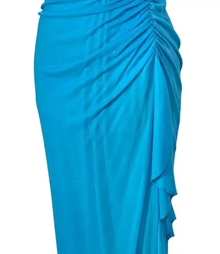 Blondie Nites Ruched Chiffon Blue Glam Slip Gown Rhinestone Accent Side Ruffle Design 5 Prom